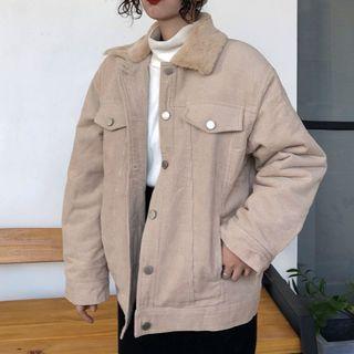 Corduroy Furry Collar Buttoned Jacket Khaki - One Size