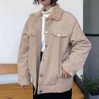Corduroy Furry Collar Buttoned Jacket Khaki - One Size