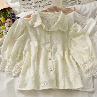 Eyelet Lace-cuff Sheer Crop Shirt