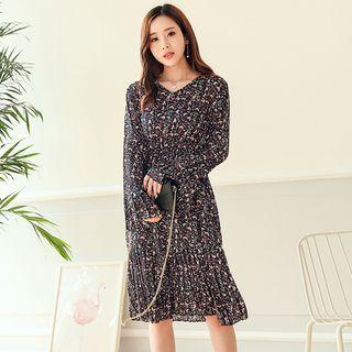 Floral Print Long Sleeve V-neck Chiffon Dress