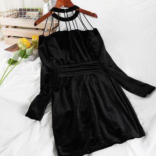 Long-sleeve Halter Velvet Mini A-line Dress