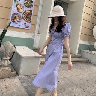 Puff-sleeve Tie-back A-line Midi Dress