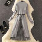 Set: Long-sleeve Knit A-line Midi Dress + Pleated Skirt