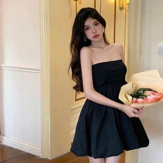 Strapless Plain Mini A-line Dress Black - One Size