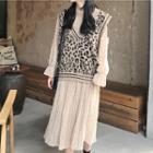 Dotted Long-sleeve Midi Chiffon Dress / Leopard Pattern Knit Vest
