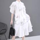 Dragonfly Embroidered Mesh Panel Short-sleeve Midi A-line Shirtdress White - One Size