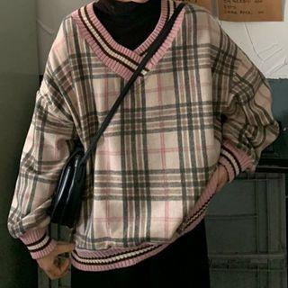 Plaid Sweater / Mock-turtleneck Long-sleeve Top