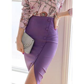 Cutout-front Buttoned Pencil Skirt