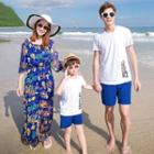 Family Matching Elbow-sleeve Maxi Dress/ Short-sleeve T-shirt/ Plain Shorts