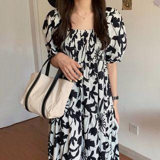 Floral Puff-sleeve Square-neck Midi A-line Dress As Shown In Figure - One Size