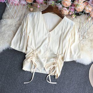 Elbow-sleeve V-neck Drawstring Top