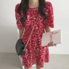 Floral Print Short-sleeve Tie-waist A-line Dress Red - One Size
