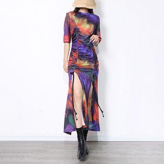 Elbow-sleeve Tie-dyed Slit Midi A-line Dress