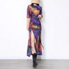 Elbow-sleeve Tie-dyed Slit Midi A-line Dress