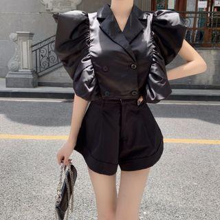 Sleeveless Ruffle Trim Double Breasted Blouse / Shorts
