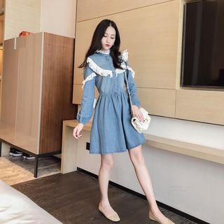 Long-sleeve Frill-trim Denim A-line Dress