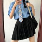 Elbow-sleeve Plain Shirt / Plaid Tie / Pleated A-line Mini Dress / Set