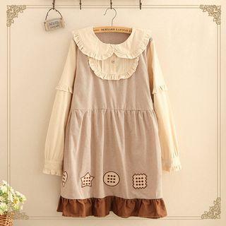 Embroidered Plaid Panel Collared Long Sleeve Dress