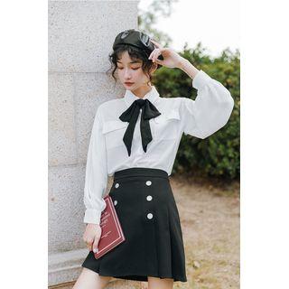 Long-sleeve Bow Accent Shirt / Mini Pleated Skirt