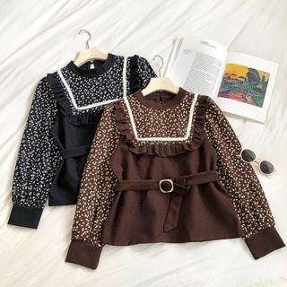 Floral Crewneck Lace-up Long-sleeve Blouse