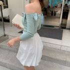 Bow-accent Off-shoulder Long-sleeve Slim-fit Top