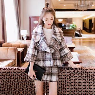 Set: Cropped Plaid Buttoned Coat + Mini A-line Skirt
