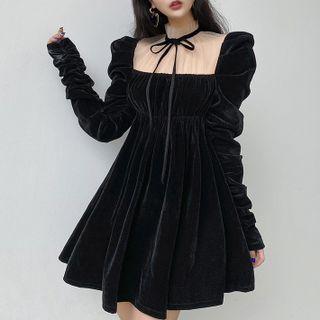 Long-sleeve Mock-neck Ruched Mesh Panel Velvet Mini A-line Dress