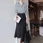 Long-sleeve Plain Shirt + High-waist Plain Skirt