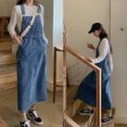 Fray-hem Maxi Denim Overall Dress Blue - One Size