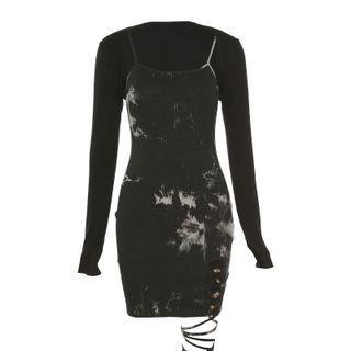 Set: Print Spaghetti Strap Dress + Shrug Cardigan
