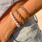 Set Of 3: Chunky Chain Alloy Bracelet / Faux Pearl Bracelet (various Designs) 2697 - Set Of 3 - Gold & White - One Size