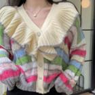 Ruffle Trim Striped Cardigan Red & Pink & Blue - One Size