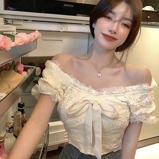 Puff-sleeve Off-shoulder Lace Trim Blouse