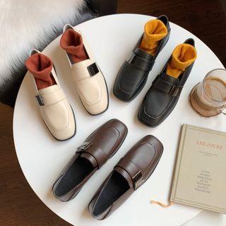 Square-toe Faux Leather Block Heel Loafers