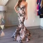 Strapless Floral Print Midi A-line Evening Gown