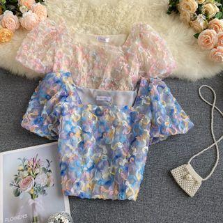 Mesh Puff-sleeve Cropped Blouse