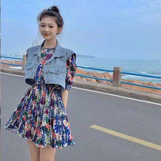 Elbow-sleeve Floral Mini Dress / Cropped Denim Vest