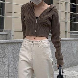 Hooded Cropped Zip-up Cardigan