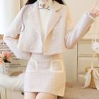 Crop Tweed Blazer / A-line Skirt / Frilled Trim Long-sleeve Knit Top