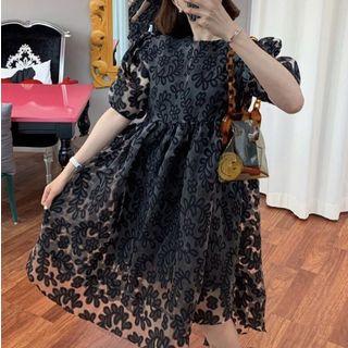 Flower Pattern Short-sleeve Tulle Dress Black - One Size
