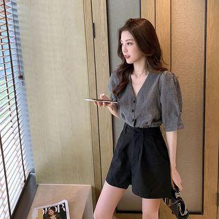 Set : Plaid Oversize Blouse + High-waist Plain Shorts