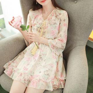 Tasseled Frill-trim Floral Chiffon Minidress Beige - One Size