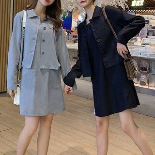 Set: Plain Blouse + Sleeveless Square-neck Mini Shift Dress