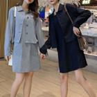 Set: Plain Blouse + Sleeveless Square-neck Mini Shift Dress