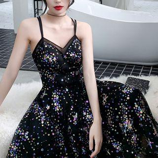 Sequined Spaghetti Strap Midi A-line Dress