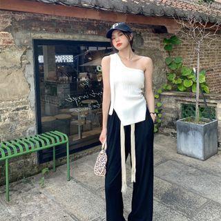 One-shoulder Knit Tank Top / Wide-leg Pants