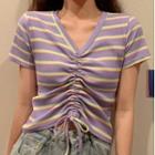 Short-sleeve V-neck Striped Drawstring T-shirt
