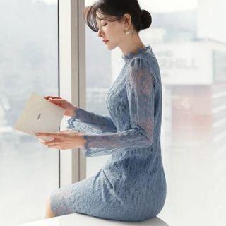 Mock-neck Lace Midi Sheath Dress