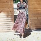Elbow-sleeve V-neck Floral Print Tie-waist Midi A-line Dress