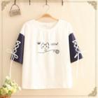 Raglan-sleeve Lace-up Printed Tee